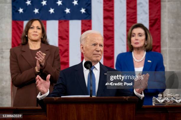 President Joe Biden delivers the State of the Union address during a joint session of Congress in the U.S. Capitol House Chamber on March 1, 2022 in...