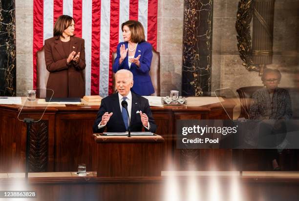 President Joe Biden delivers his state of the union address to Congress in the Capitol on March 01, 2022 in Washington, DC. During his first State of...