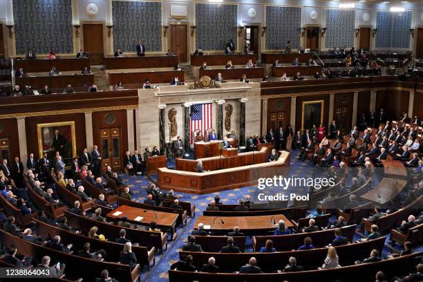 President Joe Biden delivers the State of the Union address during a joint session of Congress in the U.S. Capitol’s House Chamber on March 01, 2022...