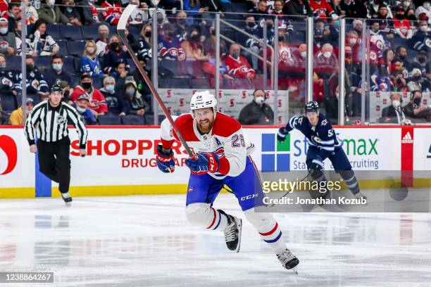 Jeff Petry of the Montreal Canadiens follows the play down the ice during second period action against the Winnipeg Jets at the Canada Life Centre on...