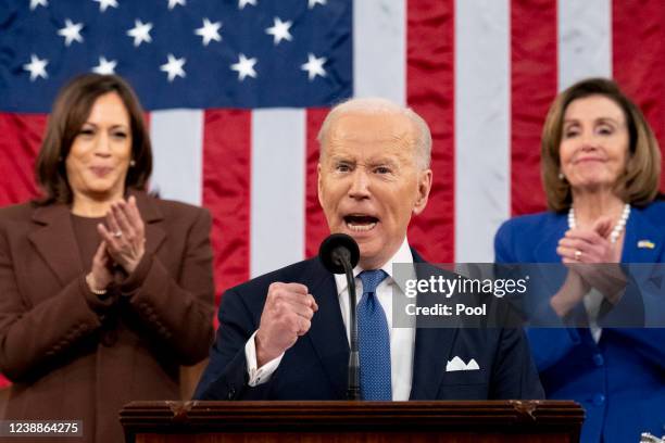 President Joe Biden delivers the State of the Union address as U.S. Vice President Kamala Harris and House Speaker Nancy Pelosi look on during a...