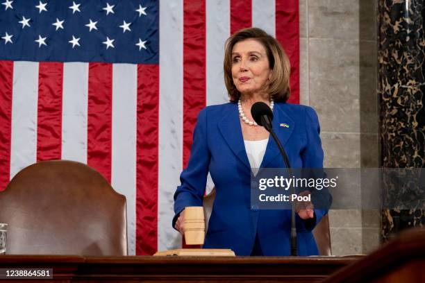House Speaker Nancy Pelosi gavels in prior to U.S. President Joe Biden delivering his State of the Union address during a joint session of Congress...