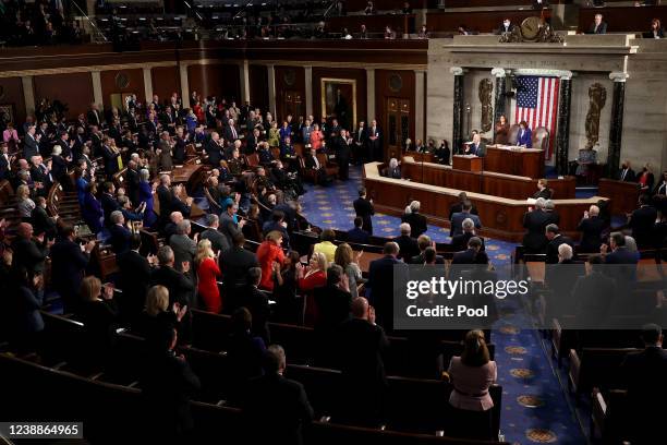 President Biden gives his State of the Union address during a joint session of Congress at the U.S. Capitolon March 01, 2022 in Washington, DC....