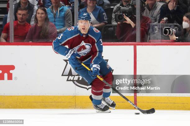 Jack Johnson of the Colorado Avalanche skates against the New York Islanders in his 1000th career NHL game at Ball Arena on March 01, 2022 in Denver,...