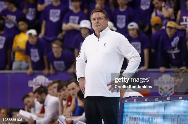 Head coach Bill Self of the Kansas Jayhawks looks on as Kansas plays the TCU Horned Frogs in the second half at Schollmaier Arena on March 1, 2022 in...