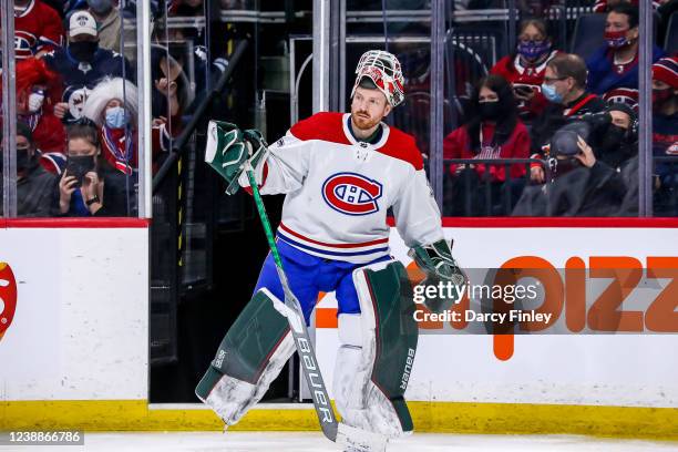 Goaltender Andrew Hammond of the Montreal Canadiens enters the game to replace teammate Sam Montembeault during a third period stoppage in play...