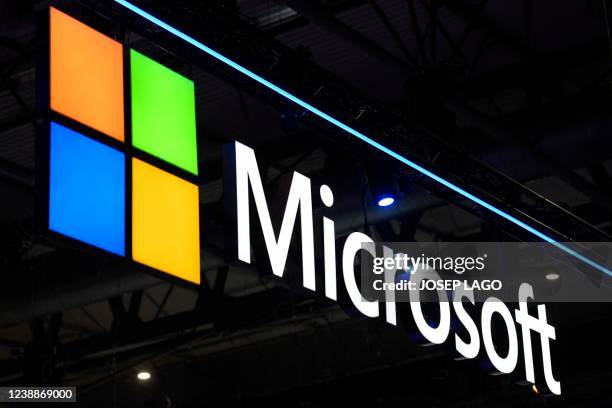 Microsoft logo is displayed at the MWC in Barcelona on March 2, 2022. The Mobile World Congress, where smartphone and telecoms companies show off...