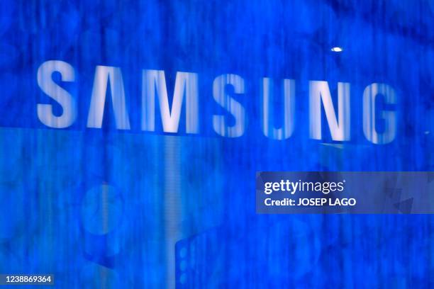 Samsung logo is displayed at the MWC in Barcelona on March 2, 2022. The Mobile World Congress, where smartphone and telecoms companies show off their...