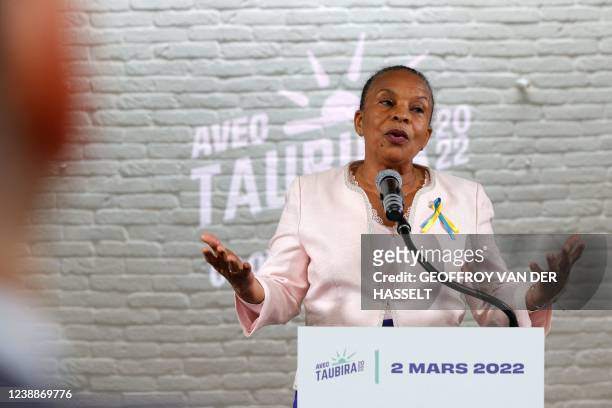 French presidential candidate Christiane Taubira announces she is withdrawing her candidacy for the presidential election during a press conference...