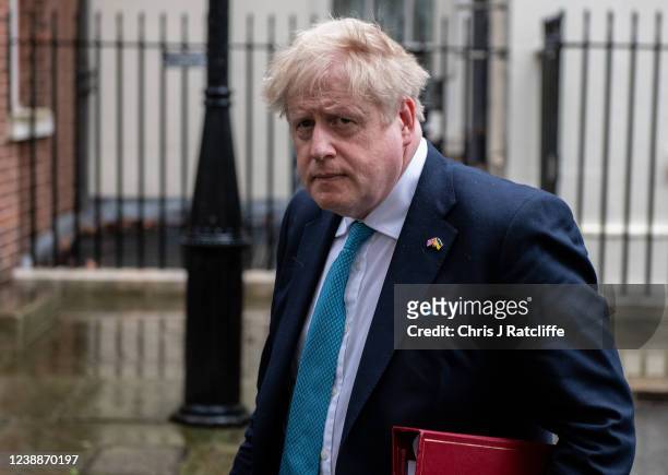 British Prime Minister Boris Johnson and Ukrainian Ambassador to the UK Vadym Prystaiko leave Downing Street together to attend Prime Ministers...