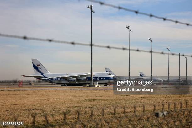Antonov An-124 strategic airlift cargo aircraft, operated by the Volga-Dnepr Group, at Leipzig/Halle Airport in Schkeuditz, Germany, on Wednesday,...