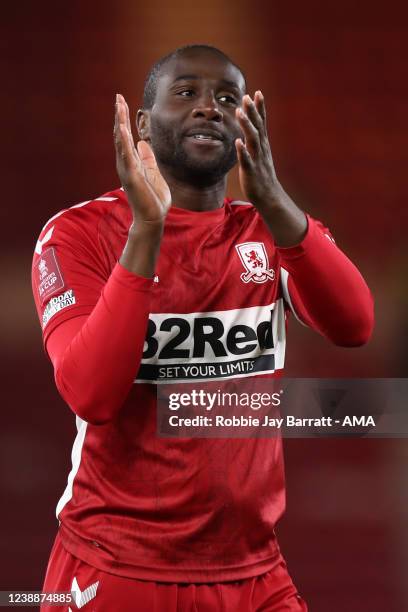 Souleymane Bamba of Middlesbrough applauds the fans at full time during the Emirates FA Cup Fifth Round match between Middlesbrough and Tottenham...