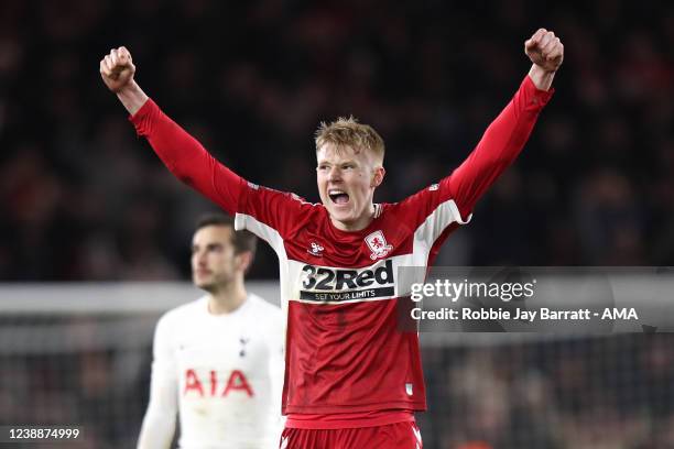 Josh Coburn of Middlesbrough celebrates at full time during the Emirates FA Cup Fifth Round match between Middlesbrough and Tottenham Hotspur at...