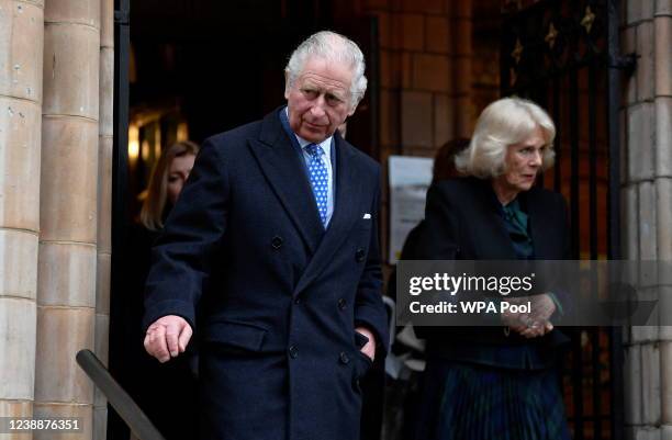 Prince Charles, Prince of Wales and Camilla, Duchess of Cornwall, leave after their visit to the Ukrainian Catholic Cathedral on March 2, 2022 in...