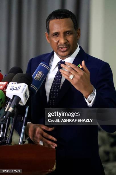 Sudan's military leader, Mohamed Hamdan Daglo , gives a press conference upon his return from the Russian capital Moscow, at the airport in Khartoum,...