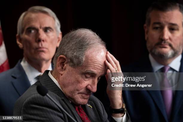 Sen. Rob Portman , Sen. James Risch and Sen. Ted Cruz attend a news conference with Senate Republicans about the Russian invasion of Ukraine, at the...