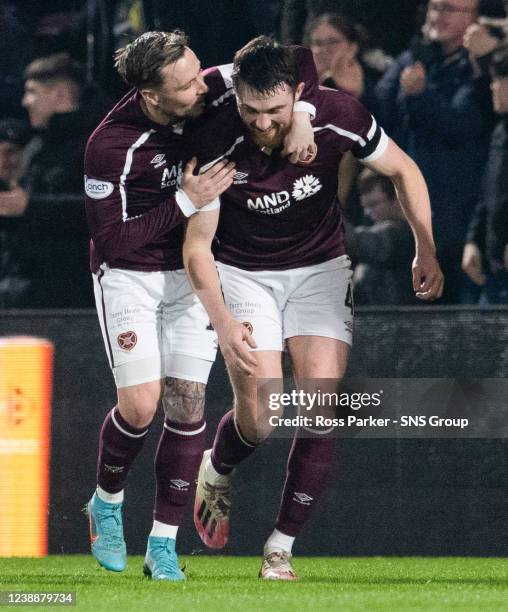 Hearts' John Souttar celebrates with Barrie McKay after making it 1-0 during a Cinch Premiership match between Hearts and Aberdeen at Tynecastle, on...