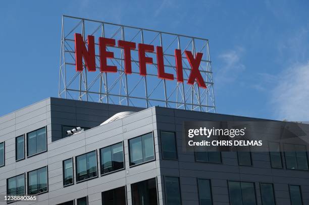 The Netflix logo is seen on top of their office building in Hollywood, California, March 2, 2022.