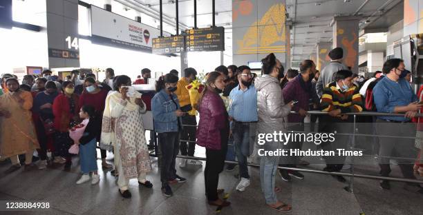 Parents and relatives waiting for students who fled Ukraine after Russian invasion at Indira Gandhi International airport on March 2,2022 in New...