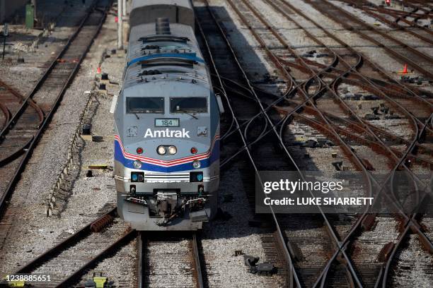 Amtraks California Zephyr passenger train departs Chicago Union Station in Chicago, Illinois, on March 2, 2022.