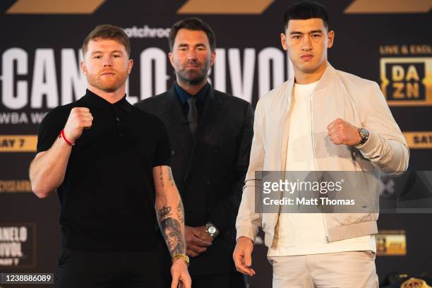 Boxers Canelo Alvarez and Dmitry Bivol pose for photos at the press conference announcing the Canelo Alvarez v Dmitry Bivol fight on May 7th, 2022 at...
