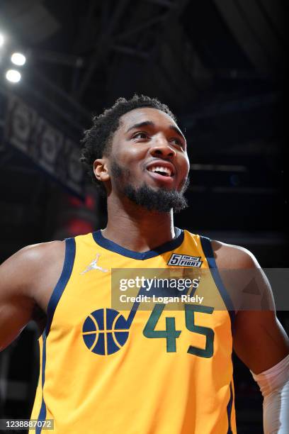 Donovan Mitchell of the Utah Jazz smiles during the game against the Houston Rockets on March 2, 2022 at the Toyota Center in Houston, Texas. NOTE TO...