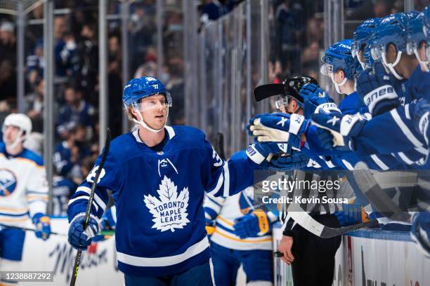 Rasmus Sandin of the Toronto Maple Leafs celebrates his goal against the Buffalo Sabres during the first period at the Scotiabank Arena on March 2,...