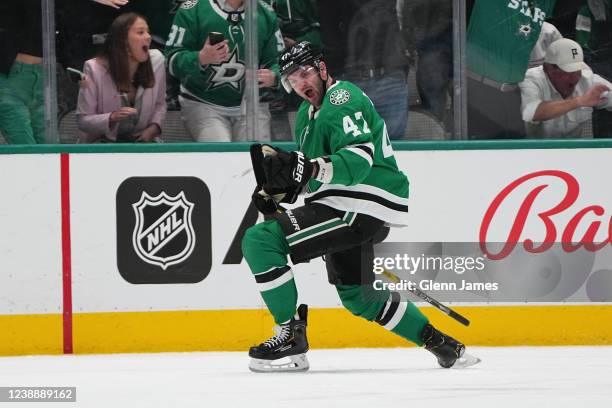 Alexander Radulov of the Dallas Stars celebrates a goal against the Los Angeles Kings at the American Airlines Center on March 2, 2022 in Dallas,...