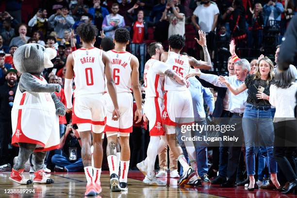 The Houston Rockets celebrate Christian Wood of the Houston Rockets making a three point basket to send the game against the Utah Jazz into overtime...
