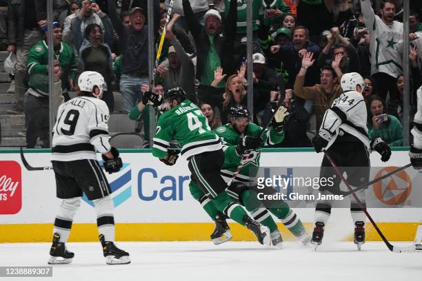 Alexander Radulov, Tyler Seguin and the Dallas Stars celebrate a goal against the Los Angeles Kings at the American Airlines Center on March 2, 2022...