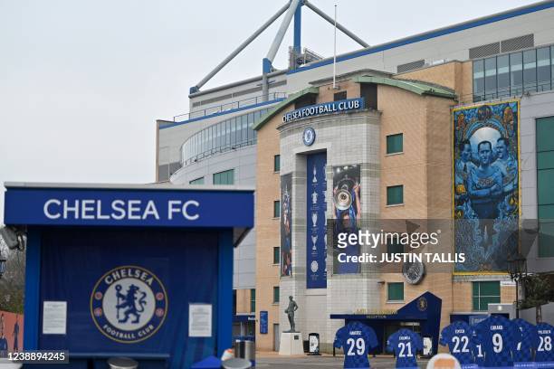 General view shows Chelsea's Stamford Bridge stadium in London on March 3, 2022. - Chelsea's billionaire Russian owner Roman Abramovich made the...