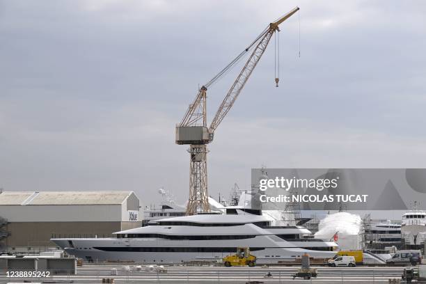 Picture taken on March 3, 2022 in a shipyard of La Ciotat, near Marseille, southern France, shows a yacht, Amore Vero, owned by a company linked to...