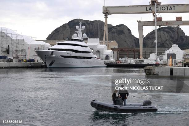 Picture taken on March 3, 2022 in a shipyard of La Ciotat, near Marseille, southern France, shows a yacht, Amore Vero, owned by a company linked to...