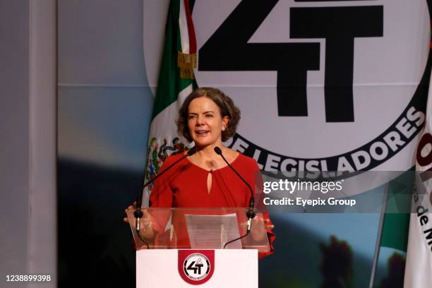 The president of the Workers' Party of Brazil, Gleisi Hoffmann speaks during the meet of the Second Ordinary Assembly of the legislators of the...