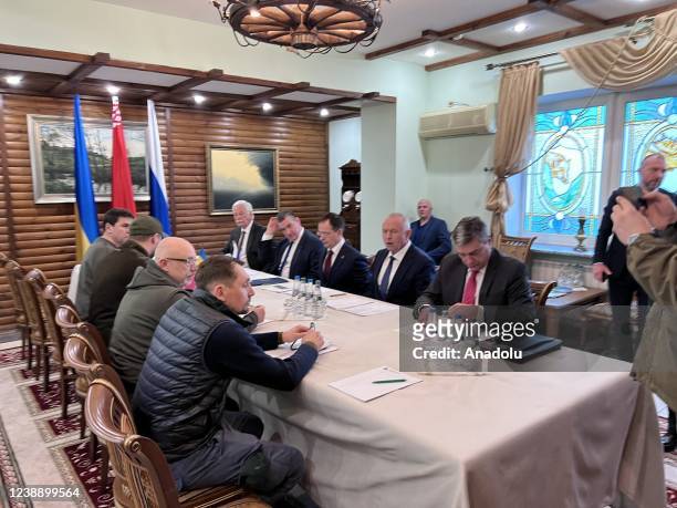 Delegations attend as the second round of Russia-Ukraine peace talks begins in Brest, Belarus on March 03, 2022.