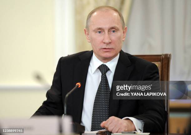 Russia's Prime Minister Vladimir Putin speaks at a meeting with religious leaders in the Danilov Monastery in Moscow, on February 8, 2012. Putin...