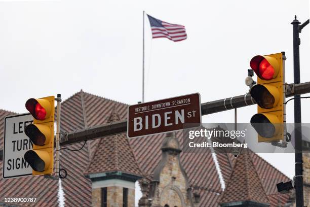Sign for Biden Street in Scranton, Pennsylvania, U.S., on Friday, Feb. 25, 2022. Scranton, Pennsylvania has experienced a recent economic turnaround,...