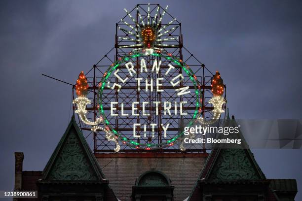 The "Electric City" sign in Scranton, Pennsylvania, U.S., on Friday, Feb. 25, 2022. Scranton, Pennsylvania has experienced a recent economic...
