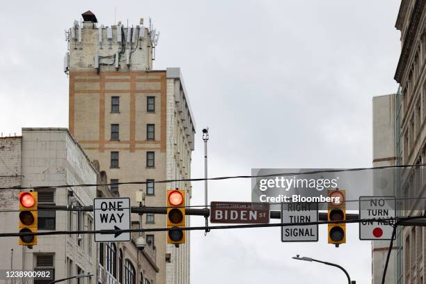 Sign for Biden Street in Scranton, Pennsylvania, U.S., on Friday, Feb. 25, 2022. Scranton, Pennsylvania has experienced a recent economic turnaround,...