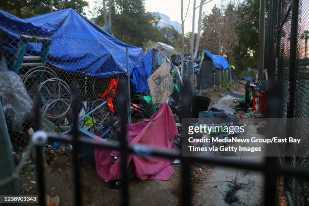 Homeless encampment is photographed on Wednesday, Feb. 23 in San Jose, Calif.