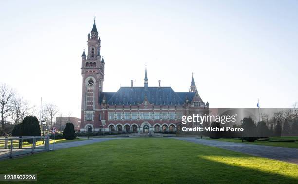 Exterior view of the United Nations International Court of Justice or the Peace Palace on March 3, 2022 in The Hague The Netherlands. The court...