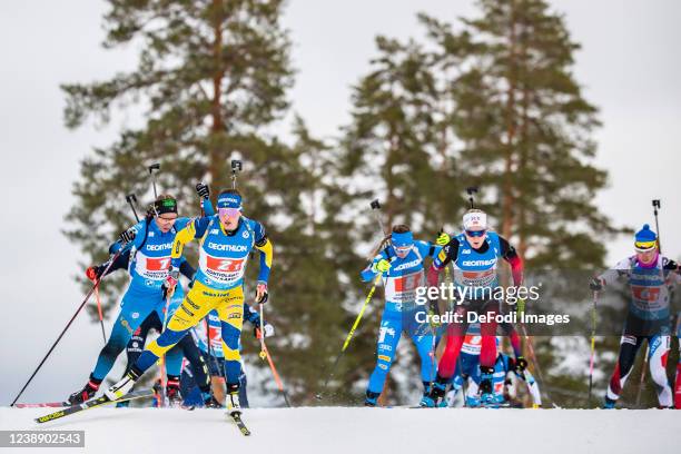 Anais Bescond of France, Linn Persson of Sweden, Marte Olsbu Roeiseland of Norway in action competes during the Relay Women at the IBU World Cup...