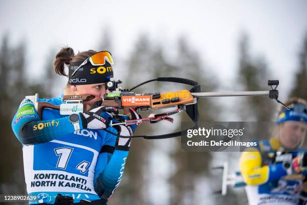 Julia Simon of France at the shooting range during the Relay Women at the IBU World Cup Biathlon Kontiolahti on March 3, 2022 in Kontiolahti, Finland.