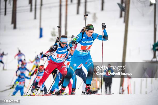 Anais Bescond of France in action competes during the Relay Women at the IBU World Cup Biathlon Kontiolahti on March 3, 2022 in Kontiolahti, Finland.