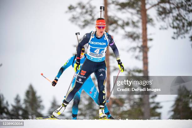 Denise Herrmann of Germany in action competes during the Relay Women at the IBU World Cup Biathlon Kontiolahti on March 3, 2022 in Kontiolahti,...