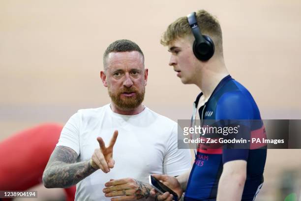 Sir Bradley Wiggins with son Ben Wiggins during day one of the HSBC UK National Track Championships at the Geraint Thomas National Velodrome, Newport.