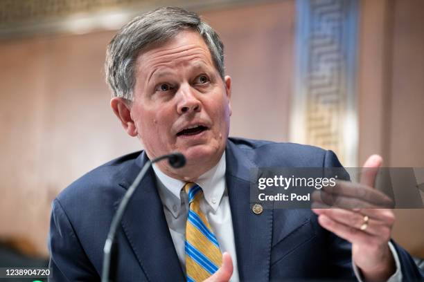 Sen. Steve Daines questions U.S. Federal Reserve Chair Jerome Powell as he testifies at a Senate Banking, Housing, and Urban Affairs Committee...