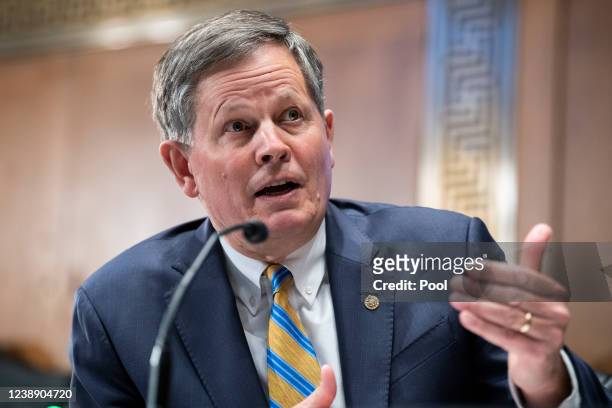 Sen. Steve Daines questions U.S. Federal Reserve Chair Jerome Powell as he testifies at a Senate Banking, Housing, and Urban Affairs Committee...