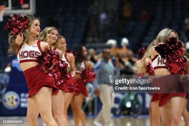 Arkansas Razorbacks dancers perform during a second round game of the SEC Womens Basketball Tournament between the Missouri Tigers and Arkansas...