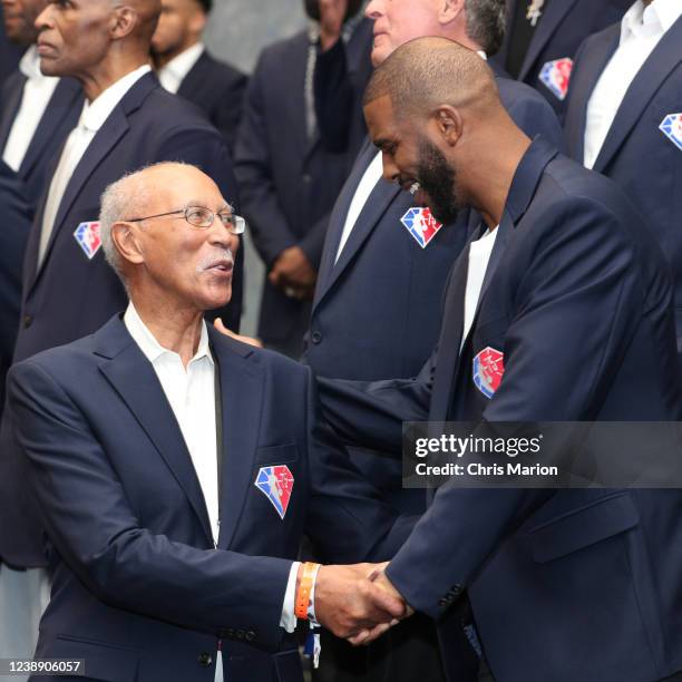 Legends, Dave Bing and Chris Paul talk during the NBA 75 Group Photo as part of the 2022 NBA All Star Weekend on February 20, 2022 at Rocket Mortgage...